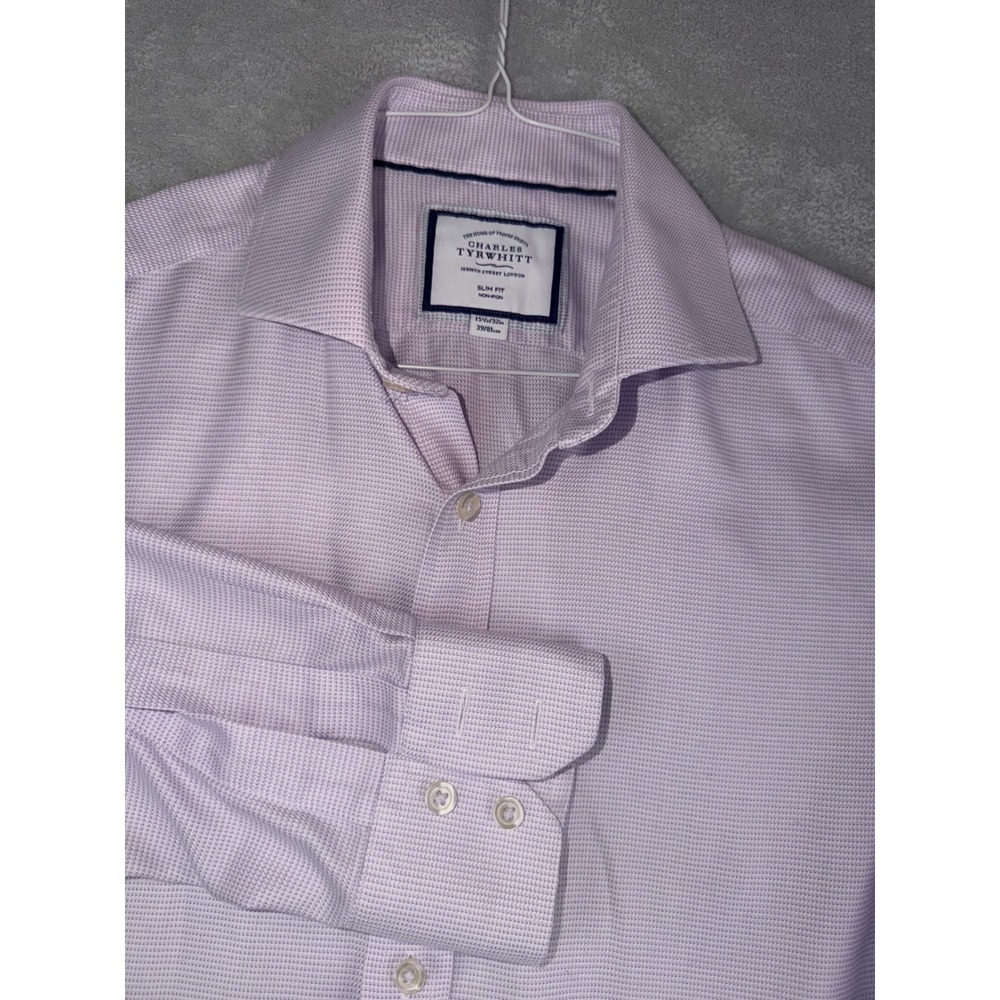 Charles Tyrwhitt Men's 15.5X32 Slim Fit Non-Iron Dress Shirt Purple‎ Micro Grid